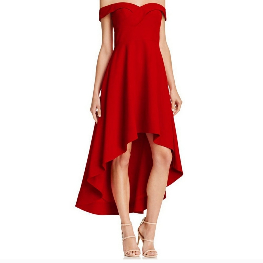 Aidan Mattox Red off the shoulder high low dress